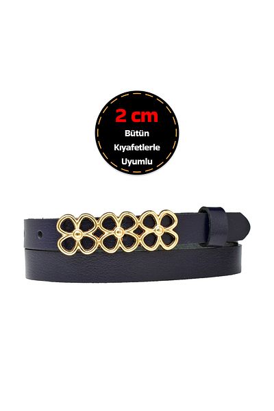 GoDeri Curea de damă bleumarin - 100% piele naturală, cataramă de 2 cm, culoare aurie, design subțire_3LÜÇİÇEK
