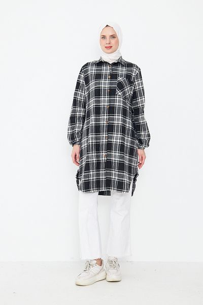 Giyim Gezegeni Single Pocket Sleeve Elastic Checked Striped Women's Winter Chanel Tunic Shirt