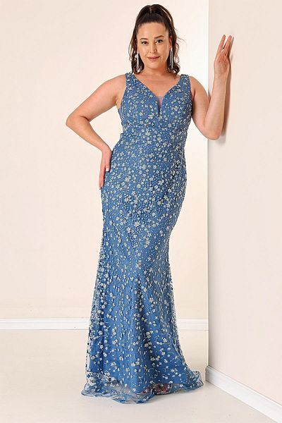 By Saygı Front Back V-neck Lined Jewelled Large Size Long Fish Dress