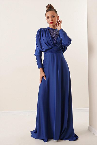 By Saygı Satin Long Dress with Gathered Sleeves, Button Detail, Lined and Beaded Front