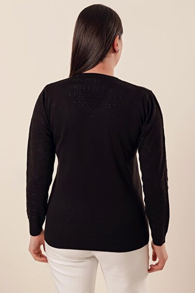 By Saygı Plus Size Acrylic Sweater with V-Neck Sleeves Model Side Slits