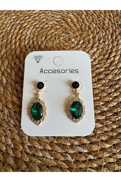 Pervin Ablacım Green Dangle Evening Dress Stone Gold Earrings