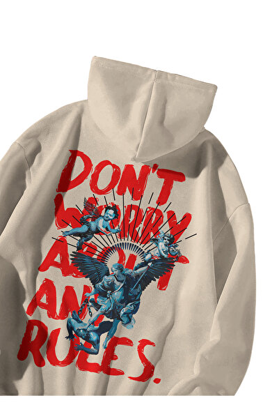 Scrovtie Unisex Krem Don't Worry About Any Rules Baskılı Oversize Kapşonlu Kanguru Cepli Sweatshirt Hoodie