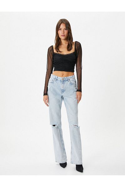 Koton Crop Lace Blouse Square Neck Draped Slim Fit