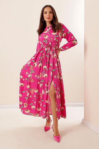 By Saygı Rose Print Long Viscose Hijab Dress with Button Front Lace up Waist