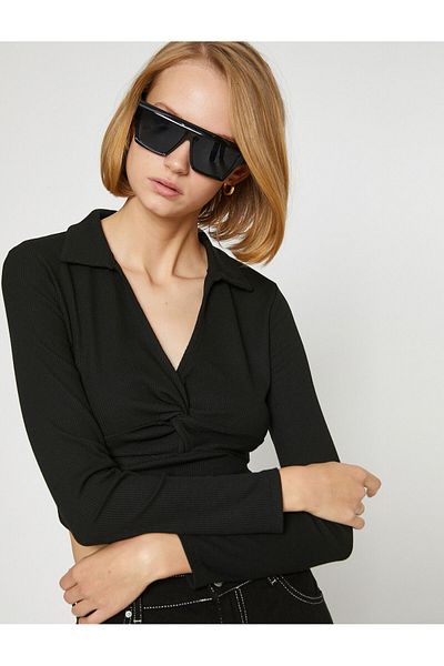 Koton Polo Neck Crop T-Shirt Long Sleeve
