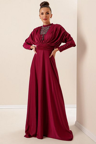 By Saygı Satin Long Dress with Gathered Sleeves, Button Detail, Lined and Beaded Front