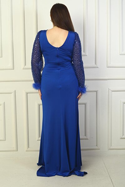 By Saygı Plus Size Sandy - Double Breasted Collar and Tulle Sleeves, Draped and Furry Ends, Bead-Sequins Detail