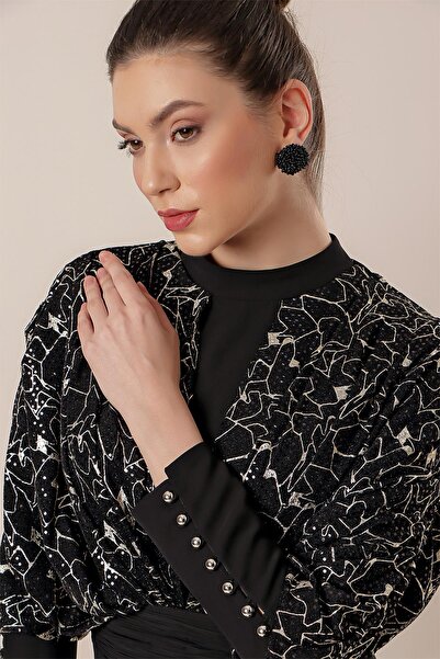 By Saygı Bat Sleeves Sequin Gilded Lined Chiffon Hijab Dress