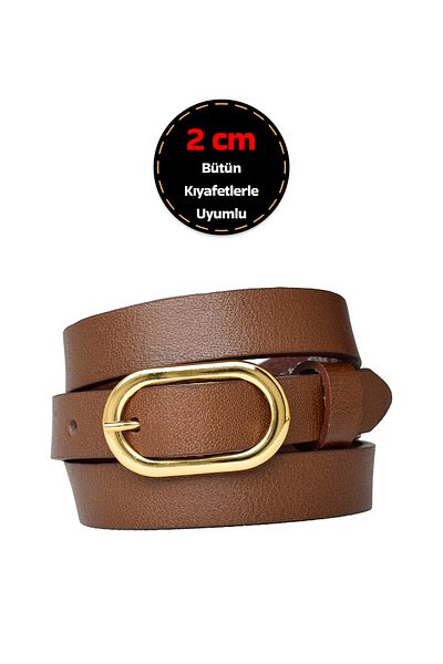 GoDeri Women's Light Brown Belt with 100% Genuine Leather, Gold Color Buckle 2cm; Dress, Pants Belt_2Oval