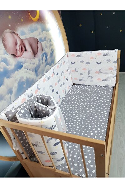 Baby Clime 70x130 Beşik Kenar Korumalık 4 Parça - Gri Ay Yıldız Desen (ÇARŞAF...
