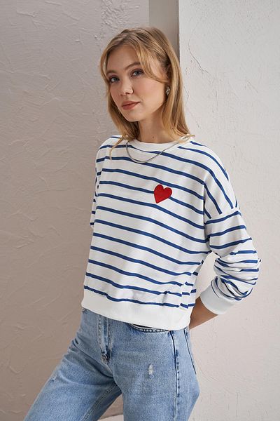 TENA Women's Indigo Crew Neck Striped Heart Embroidered Two Yarn Basic Sweatshirt