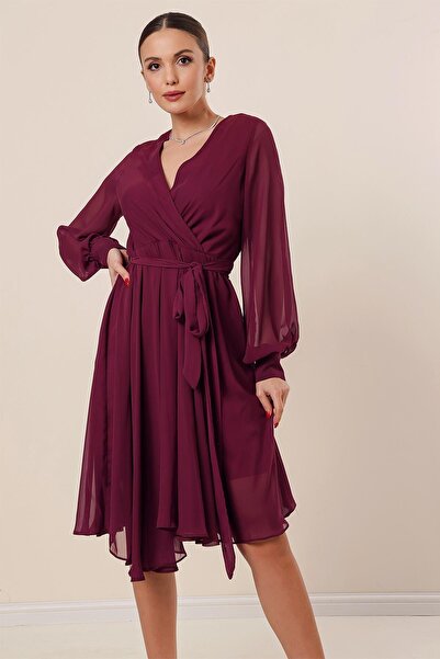 By Saygı Rochie din șifon căptușită cu mânecă lungă, cu decolteu dublu