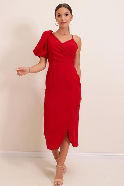 By Saygı Single Sleeve Draped Lined Crepe Midi Dress