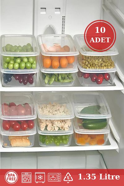 BRAMBLE LIFE 10Pcs Clear Organizer - 1.35 Lt Rectangular Refrigerator and Vegetable Storage Container Set