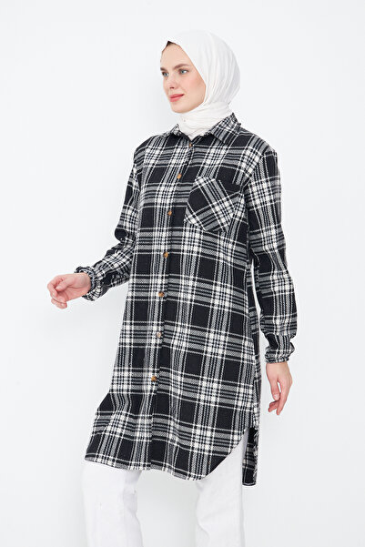 Giyim Gezegeni Single Pocket Sleeve Elastic Checked Striped Women's Winter Chanel Tunic Shirt