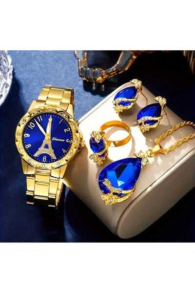 Beyna Gold Kaplama Taşlı Eyfel Kulesi Saat ,Kolye Küpe Yüzük Hediye Set Sevgi...