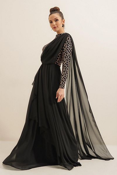 By Saygı Chiffon Long Dress with Sequin Gilded Six Lining Flounces