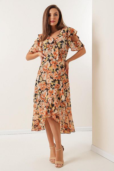 By Saygı Monaco Chain Detailed Flounced Lined Hopper Pattern Chiffon Dress