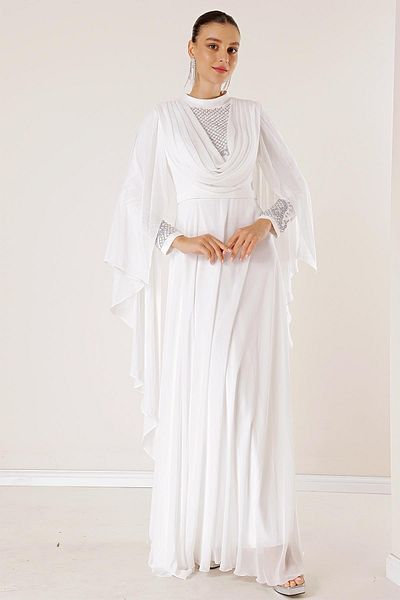 By Saygı Long Chiffon Dress with Bead Detail on Sleeves and Front, Belted Waist, Lined and Wide Size Spacing