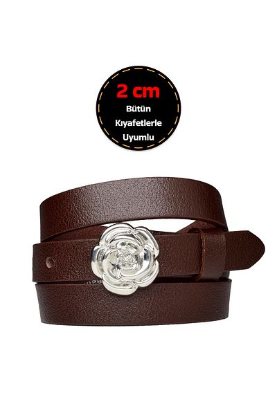 GoDeri 100% Genuine Leather, Silver Buckle Thin 2cm Dark Brown Women's Belt; Dress, Pants Belt_Rose