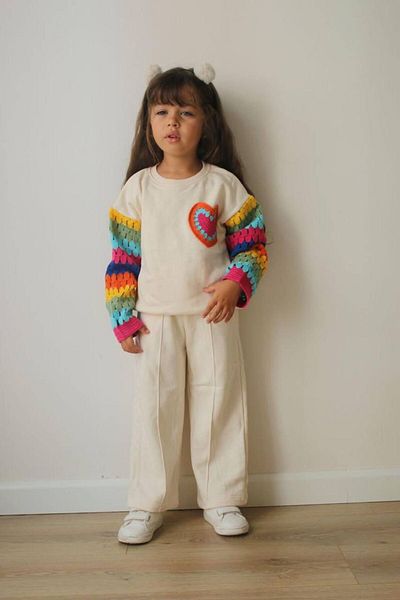 MY TRAY Girl's Charded Bottom Top Suit White Sleeves Knitted Detail