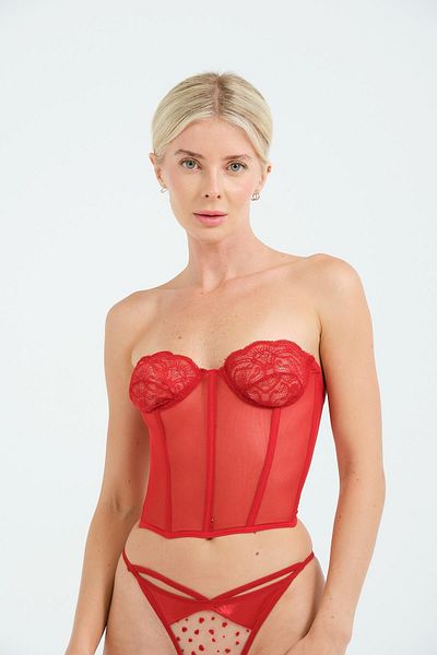 C&City 6003 Model Red Transparent Fancy Lace Strapless Bustier