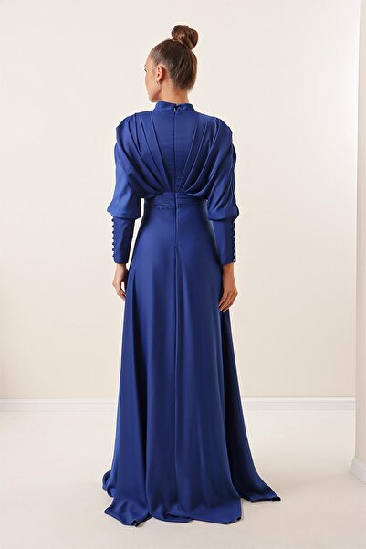 By Saygı Satin Long Dress with Gathered Sleeves, Button Detail, Lined and Beaded Front