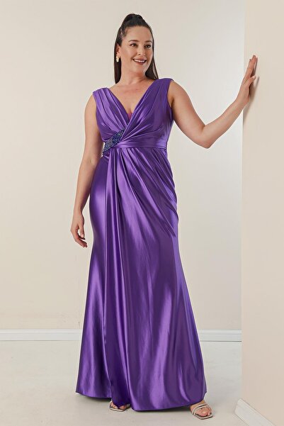 By Saygı Lined Plus Size Long Satin Dress with Draped Front and Bead Detail