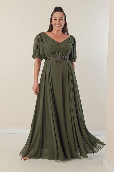 By Saygı Fata Spate Decolteu in V Talie cu margele Drapat In fata Captusita Plus Size Rochie lunga din sifon