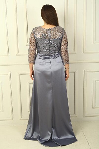 By Saygı Γυναικείο μακρύ φόρεμα με λουλουδάτο πάτο σατέν με επένδυση Gritel Plus Size