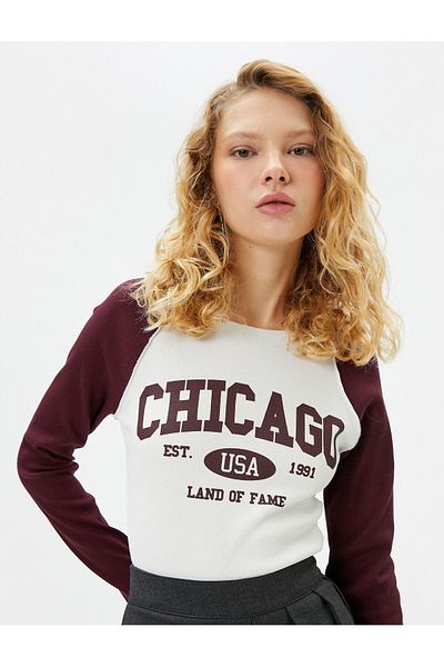 Koton College Long Sleeve T-Shirt Long Sleeve Round Neck Color Blocked Cotton Printed