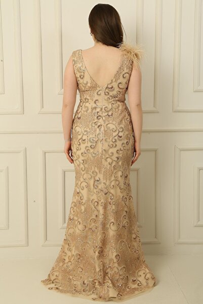 By Saygı One-Shoulder Feather Bead-Sequin Embroidered Lined Plus Size Fish Dress