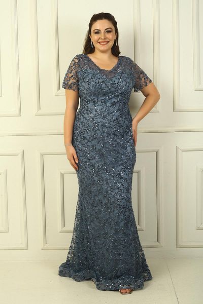 By Saygı V-Neck Lining Bead-Sequin Embroidered Plus Size Evening Dress