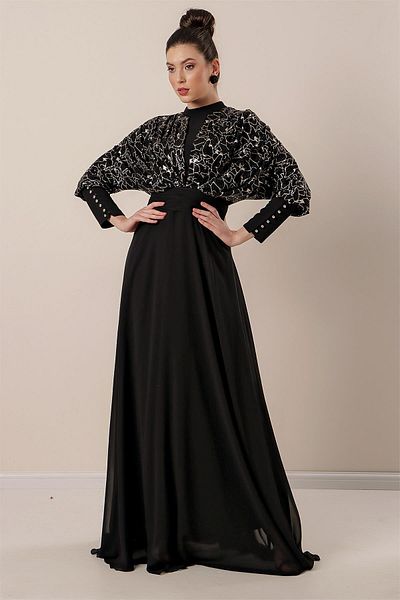 By Saygı Bat Sleeves Sequin Gilded Lined Chiffon Hijab Dress