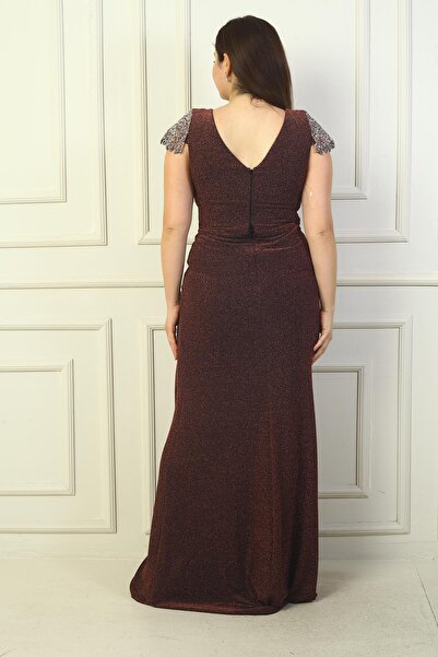 By Saygı V-neck Jewelled Detail - Lined Draped Glitter Large Size Lycra Long Dress