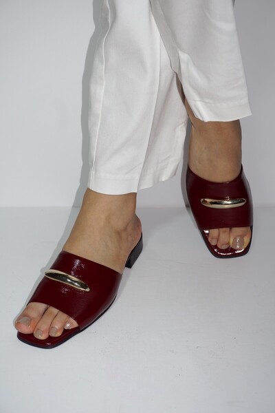 ERS Air Comfort Women's Burgundy Genuine Patent Leather Gold Buckle Detailed Stylish Slippers K.358-250