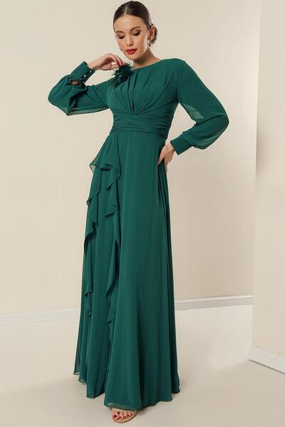 By Saygı Long Chiffon Dress with Flower Detail Front Pleated Side Flounces Lining