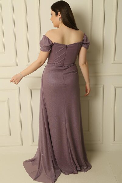 By Saygı Μακρύ φόρεμα Glitter Plus με φόδρα με χαμηλό μανίκι και ντραπέ μπροστινό σκίσιμο