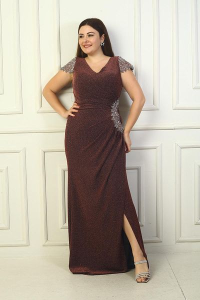 By Saygı V-neck Jewelled Detail - Lined Draped Glitter Large Size Lycra Long Dress