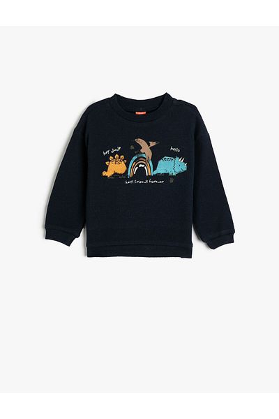Koton Sweatshirt Dinosaur Printed Crew Neck Long Sleeve Textured Cotton
