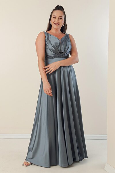 By Saygı V-Neck Thick Strap Waist Beaded Lined Plus Size Satin Long Dress