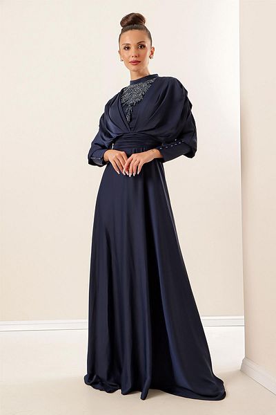 By Saygı Satin Long Dress with Gathered Sleeves, Button Detail, Lined and Beaded Front