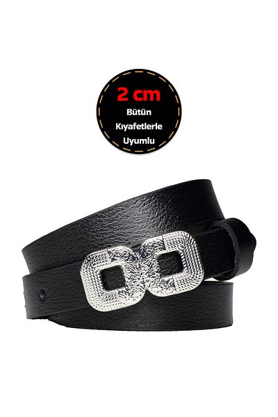 GoDeri 2 cm Wide Black with Silver Buckle 100% Genuine Leather Women's Belt - for Dress and Pants