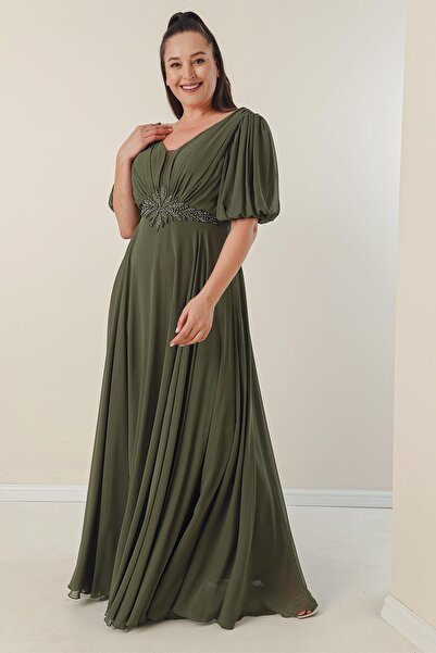 By Saygı Μπροστινό πίσω φόρεμα V λαιμόκοψη με χάντρες μέσης ντραπέ μπροστινό φόρεμα μακρύ σιφόν με μεγάλη επένδυση