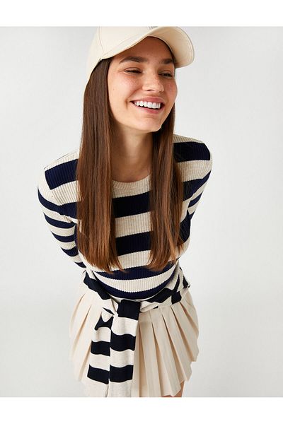 Koton Crop Striped Knitwear Sweater Crew Neck Long Sleeve Ribbed