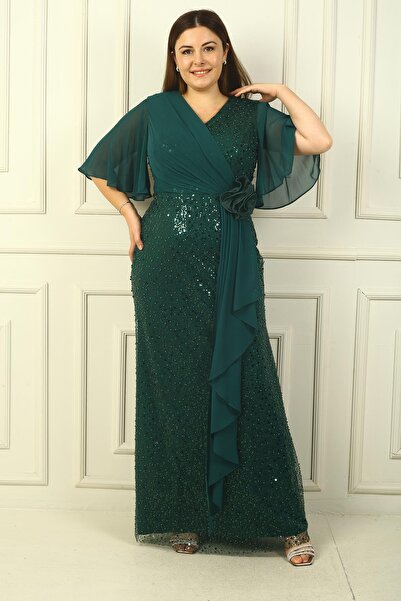 By Saygı Γυναικείο μακρύ φόρεμα από σιφόν με χάντρες και πούλιες