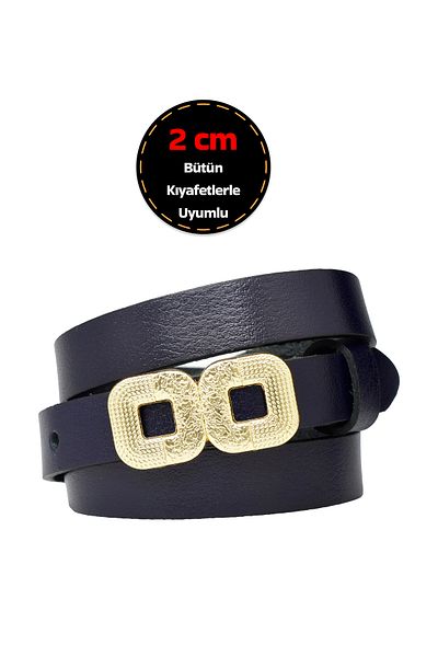 GoDeri Curea de damă bleumarin - 100% piele naturală, cataramă fină de 2 cm, culoare aurie; Curea pentru rochie și pantaloni
