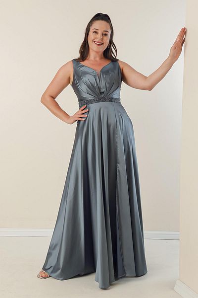 By Saygı V-Neck Thick Strap Waist Beaded Lined Plus Size Satin Long Dress