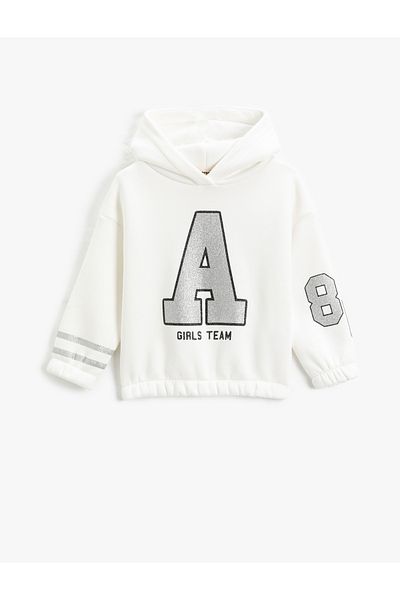 Koton Hooded Sweatshirt Glitter College Printed Long Sleeve Ribbon